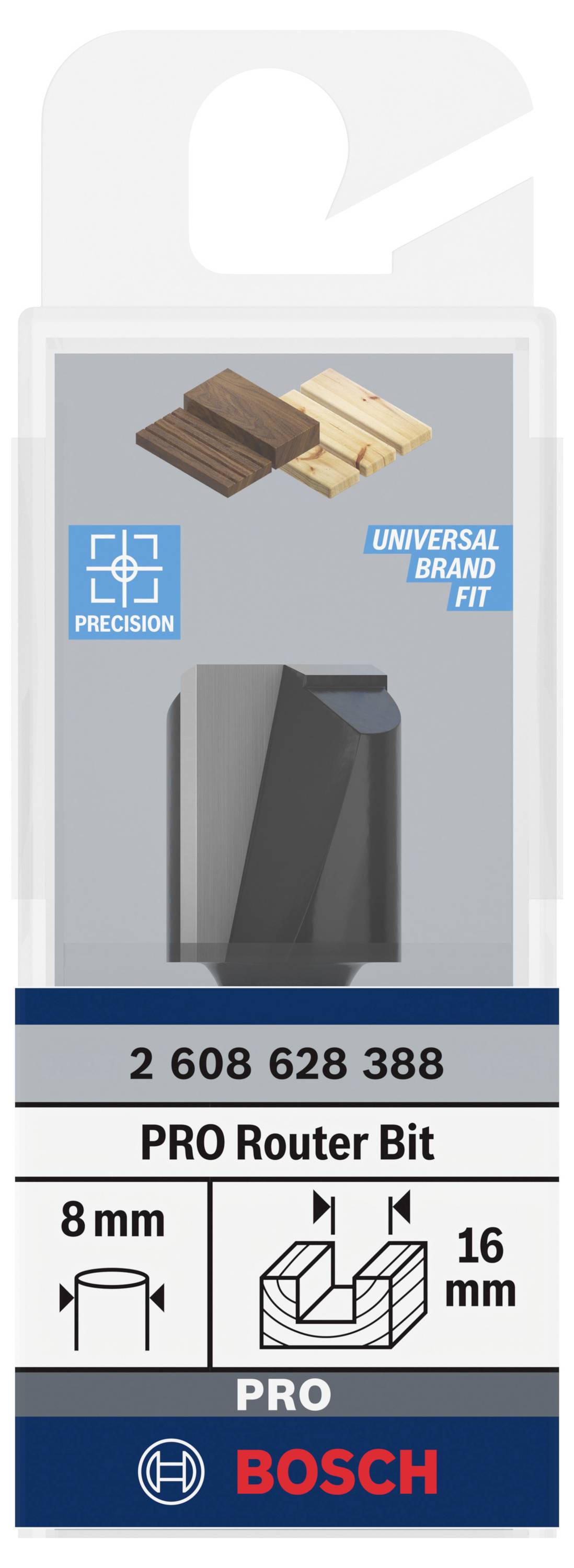 Défonceuse 'Oberfräser' de Bosch, 8 mm de diamètre, 16 mm de profondeur de coupe, adaptée pour le bois ; l'emballage montre la fraise et l'application sur bois.
