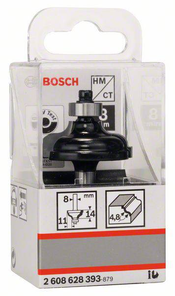 'Fraise Bosch pour finition de bords, diamètre 31,8 mm, diamètre de tige 8 mm. L'emballage présente les détails du produit et son application.'