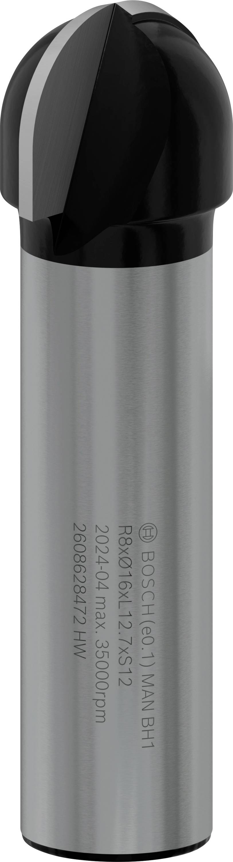Un fraiseur cylindrique en métal gris est représenté, doté d'une pointe ronde noire. Des spécifications techniques sont gravées sur le côté.