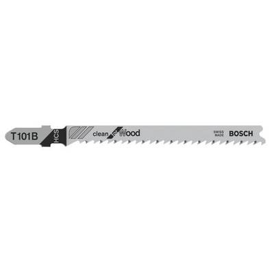 Lame de scie pour bois, modèle T101B de Bosch, avec les marquages 'clean for wood', 'HCS', et 'Swiss Made'.