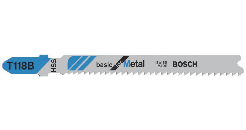 'Lame de scie Bosch T118B pour métal' avec pointe bleue et dents, marquée 'basic for metal', 'Swiss made', 'HSS'.