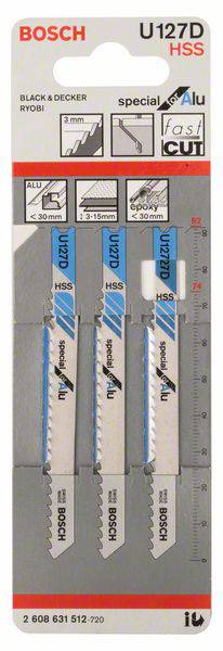 Emballage de trois lames de scie sauteuse Bosch U127D HSS pour aluminium et métal jusqu'à 30 mm ; compatibles avec Black & Decker, Ryobi.