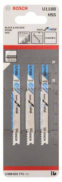 « Trois lames de scie sauteuse Bosch U118B HSS pour métal, en emballage avec indications dimensionnelles et liste de compatibilité pour différentes marques. »