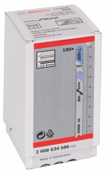 Emballage d'un boîtier de lame de scie Bosch avec informations sur le produit, numéro de modèle et illustration de la lame de scie à l'échelle 100x.