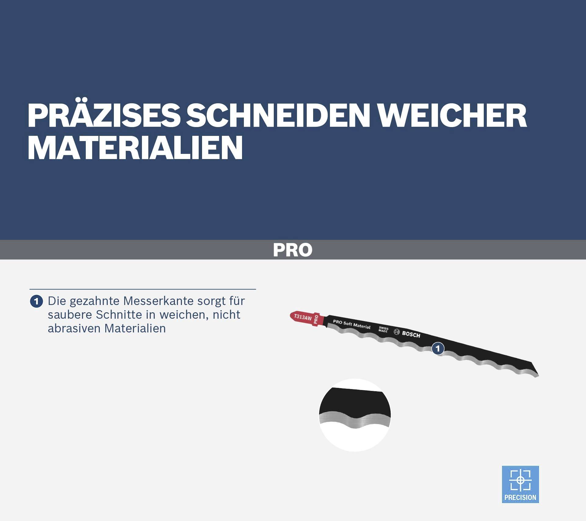 Image d'une lame de scie avec le titre : Coupe précise de matériaux tendres. Description : Coupes nettes dans des matériaux tendres et non abrasifs.