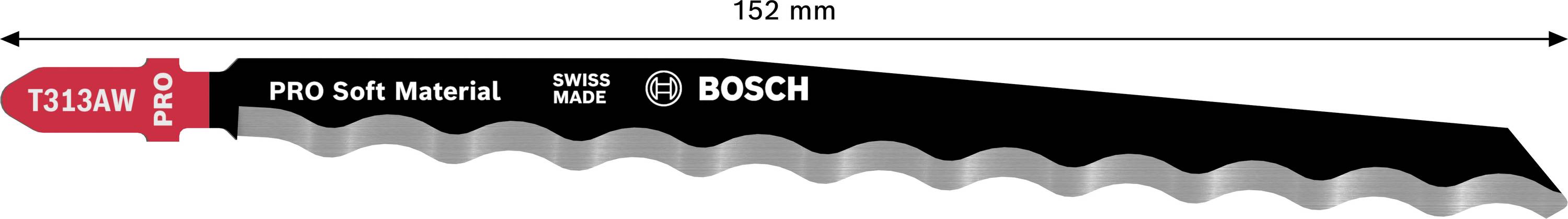 Lame de scie sabre T313AW, 152 mm de long, pour matériaux tendres, de Bosch, Swiss Made, géométrie de coupe ondulée, rouge et noir.