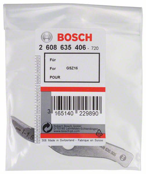 Sac en plastique avec étiquette Bosch, contenant des pièces de rechange pour un outil, compatible GSZ16, numéro d'article et code-barres visibles.