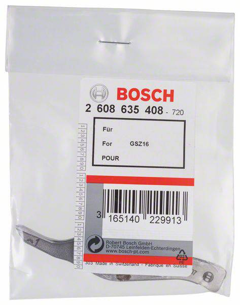 Pièce de rechange emballée de Bosch, convenant pour GSZ16. Contient le numéro de produit 2 608 635 408. Lame droite visible à travers l'emballage transparent.