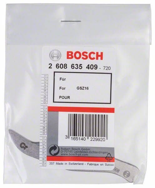Image d'une lame Bosch, numéro de modèle 2 608 635 409, avec étiquette d'emballage. Compatible avec GSZ16, fabriquée en Suisse.