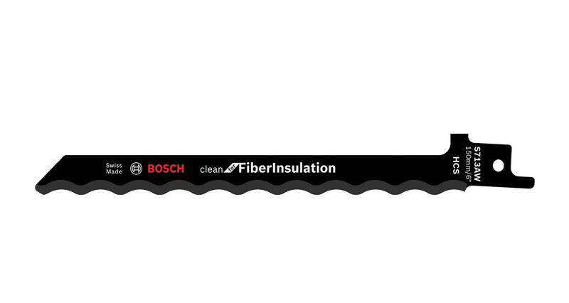 Lame de scie sabre Bosch portant l'inscription 'Fiber Insulation'. Conçue spécifiquement pour des coupes nettes dans les matériaux isolants à fibres.