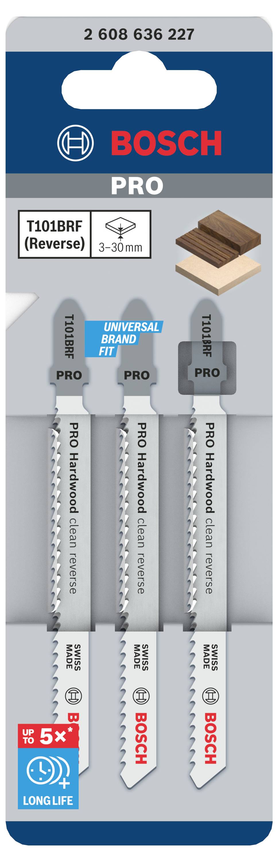 Lot de 3 lames de scie sauteuse Bosch Pro T101BRF, adaptées pour le travail du bois. Géométrie de denture inversée pour des coupes nettes.