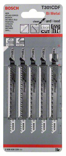 'Lames de scie sauteuse Bosch T301CDF, bi-métal, adaptées au bois et au métal. Contient cinq pièces, idéales pour des coupes précises.'