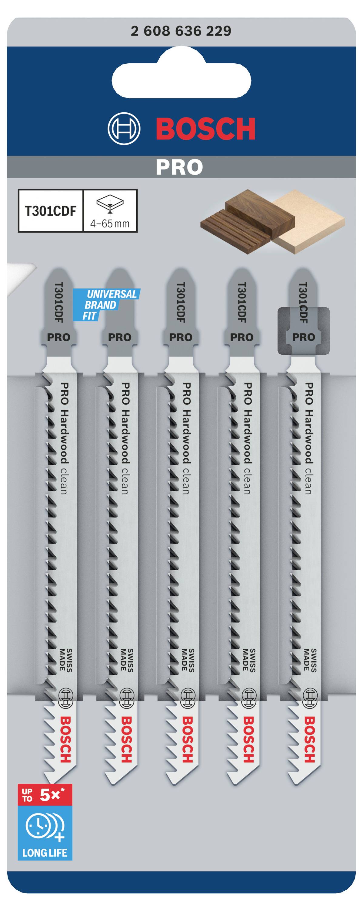 Jeu de lames de scie sauteuse 'Bosch Pro', 5 pièces pour bois, avec queue en T. L'emballage présente le produit et les applications.