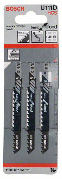 'Lames de scie sauteuse Bosch U111D HCS', lot de 3 pièces pour bois. Compatible avec Black & Decker, Ryobi. Adaptées pour des coupes droites jusqu'à 50 mm.