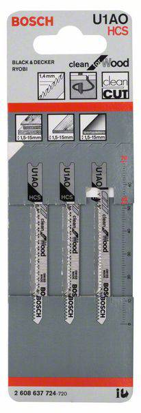 Lot de trois lames de scie Bosch, spécialement conçues pour la coupe du bois, compatibles avec les outils Black & Decker et Ryobi, type U1AO HCS.