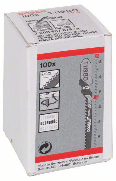 Boîte de 100 lames de scie sauteuse, modèle T119BO, adaptées au bois, matériau HCS, fabriquées en Suisse.