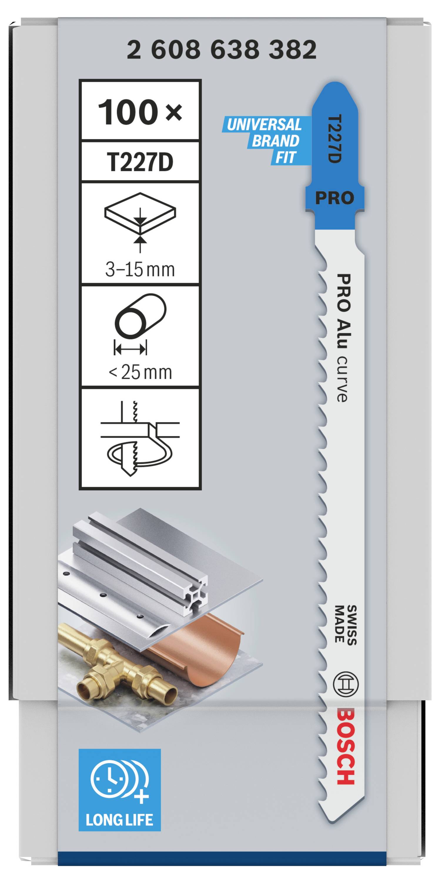 Lame de scie sauteuse Bosch T227D lot pour aluminium. Pour épaisseur 3-15mm. 100 pièces. Image de profilé aluminium et tubes.