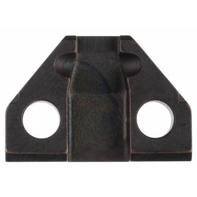 Un objet métallique sombre en forme de triangle, percé de deux trous ronds sur les côtés. Il semble s'agir d'une pièce technique ou d'un support.