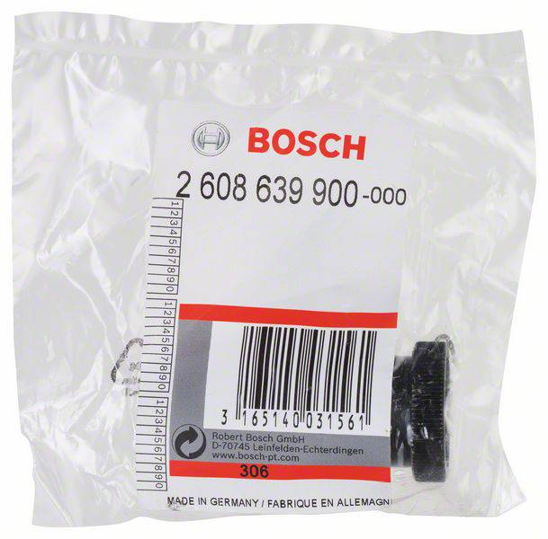 Une écrou en plastique Bosch emballé dans du plastique, identifiable par le numéro de pièce '2 608 639 900-000'. Produit par Bosch Allemagne.