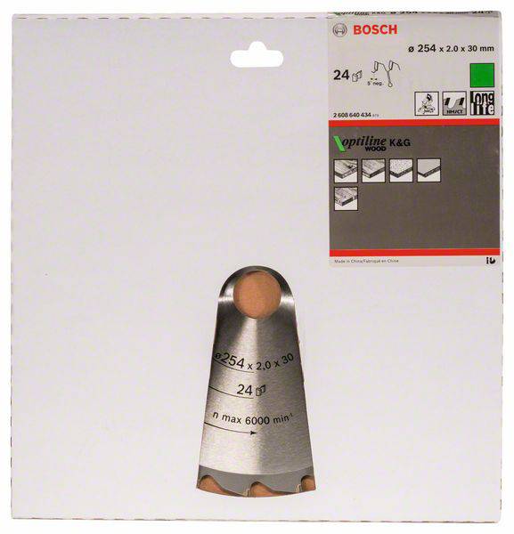 Emballage d'un disque de scie circulaire 'Bosch' pour le bois. Dimensions : 254 x 2,0 x 30 mm. Vitesse de rotation maximale : 6000 tr/min.