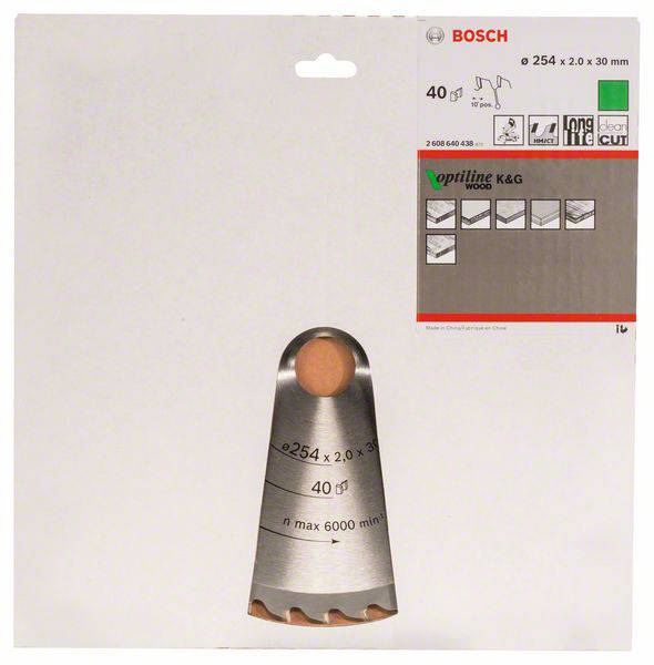 'Lame de scie Bosch Optiline Wood, Ø 254 x 2,0 x 30 mm, adaptée au bois. L'emballage présente l'image du produit avec les détails techniques.'