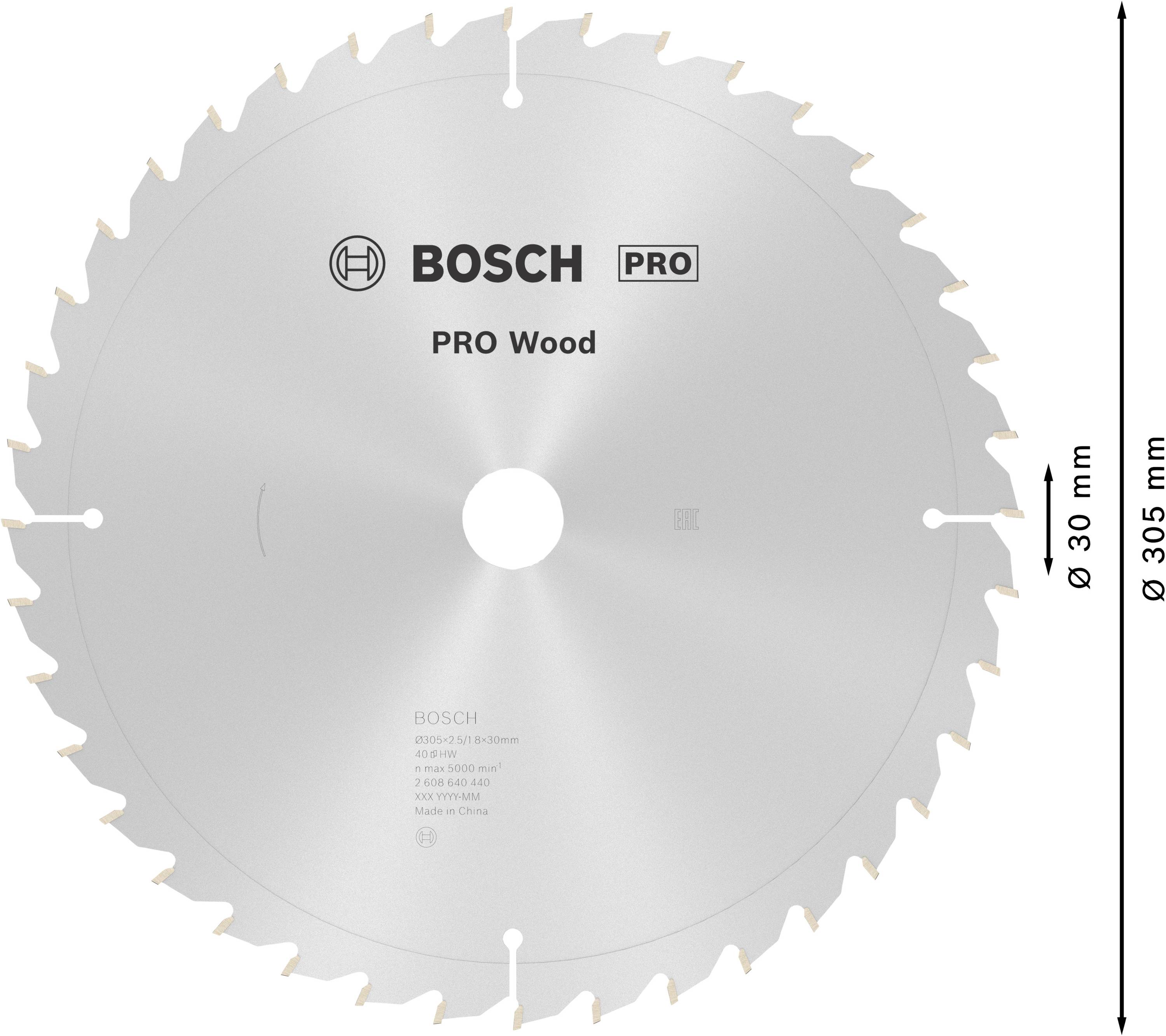 Lame de scie circulaire avec dents et inscription 'BOSCH PRO Wood'. Diamètre : 305 mm, alésage : 30 mm, adaptée pour les travaux du bois.