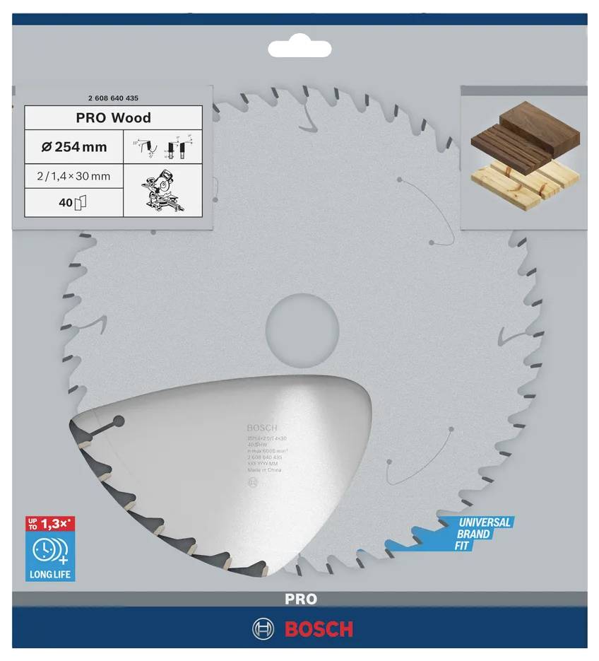 'Lame de scie circulaire Bosch PRO pour bois, Ø254mm, 40 dents, longue durée. Illustrée en coupe de bois, compatible avec diverses marques.'