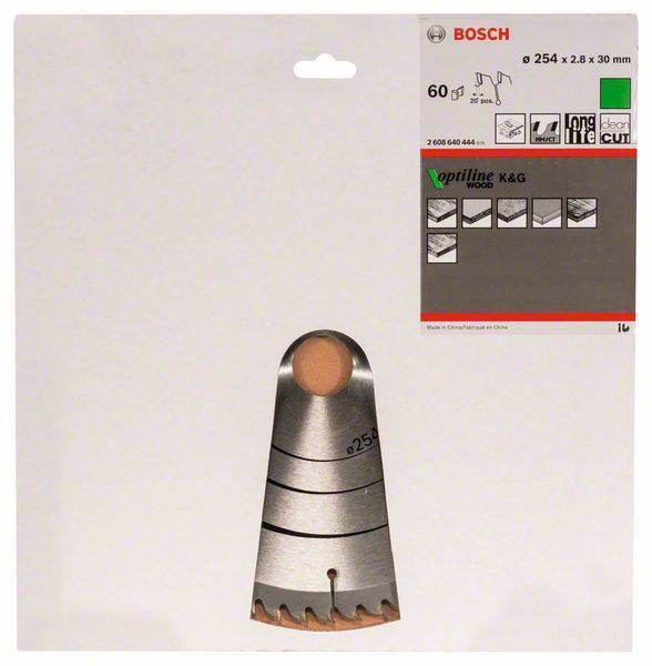Emballage d'une lame de scie Bosch pour bois, dimensions Ø 254 x 2,8 x 30 mm, 60 dents, durable et offrant une qualité de coupe précise.