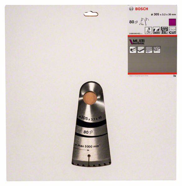 'Emballage de lame de scie Bosch, adapté à divers matériaux. Diamètre 305 mm, max. 5000 tr/min.'