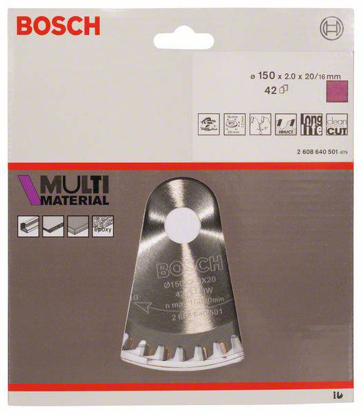 'Lame de scie multi-matériaux BOSCH, 6,15x52x20 mm, adaptée à divers matériaux, l'emballage présente l'image du produit.'