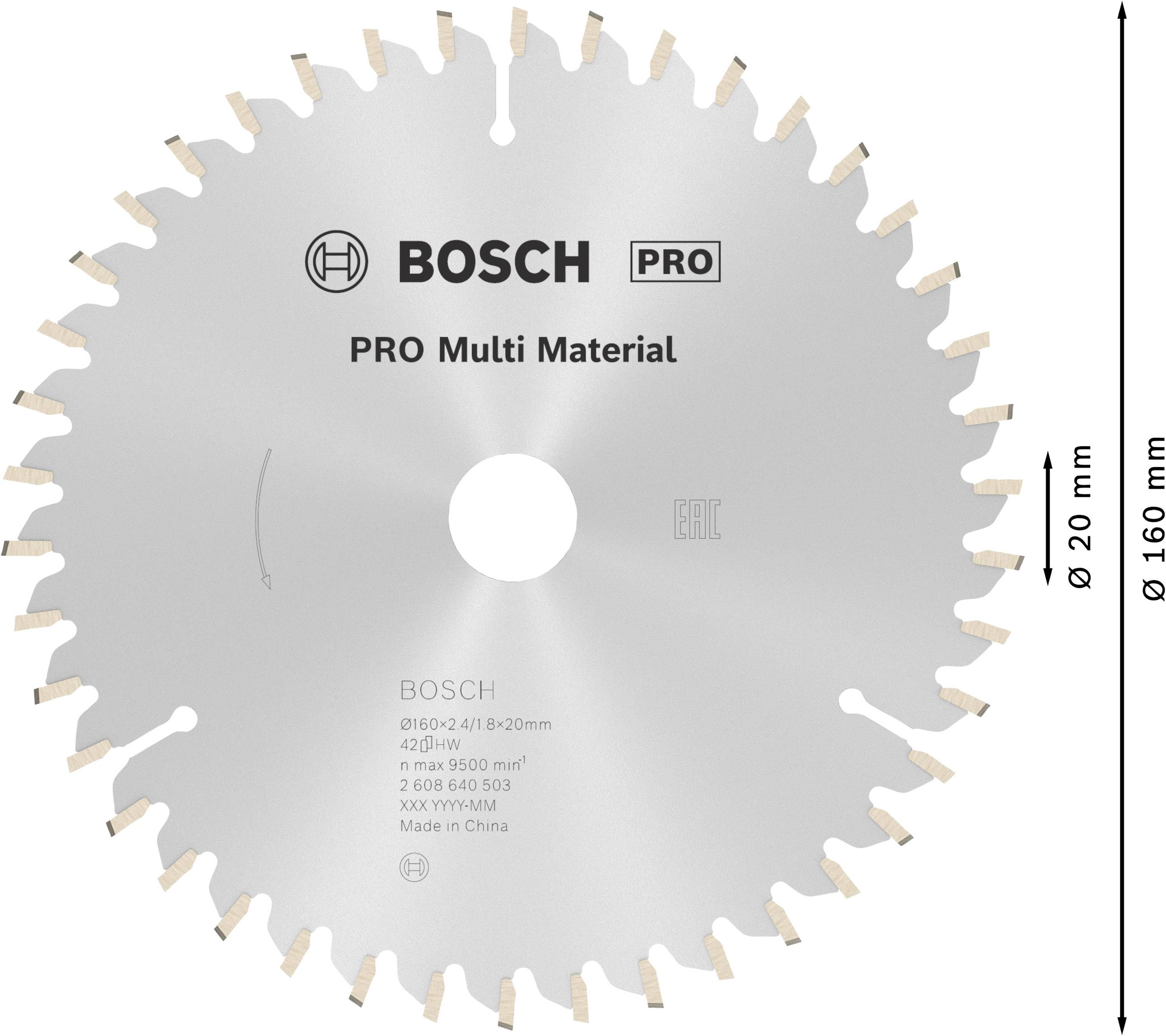 Lame de scie circulaire Bosch Pro pour différents matériaux, diamètre 160 mm, alésage 20 mm, adaptée pour haute vitesse.