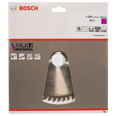 Emballage de lame de scie Bosch, diamètre 190 mm, pour multi-matériaux, 54 dents. Affichage des symboles de matériaux et de la série de produits.