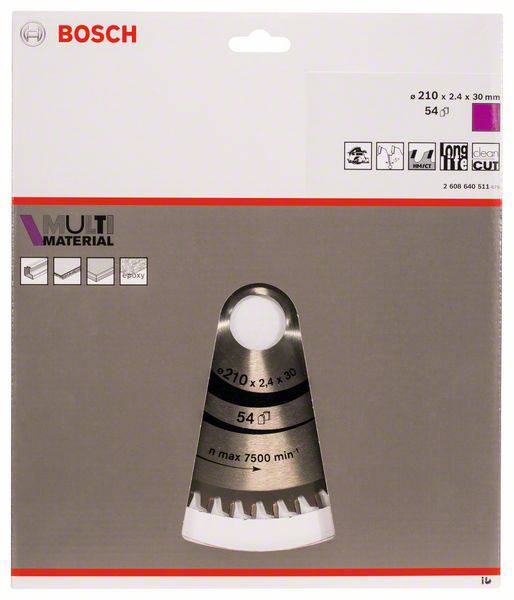 Emballage de lame de scie Bosch pour multimatériaux, présente une seule lame de scie avec les spécifications : Ø210 x 2,4 x 30 mm, 54 dents.