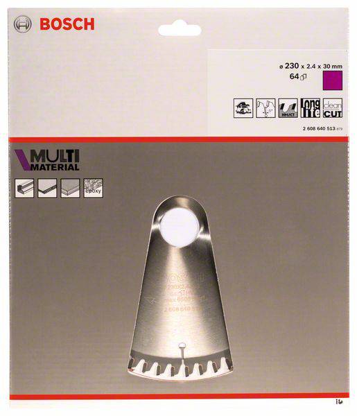 Emballage d'une lame de scie Bosch pour outil multifonction. Contient des informations produit telles que la taille et les domaines d'application.