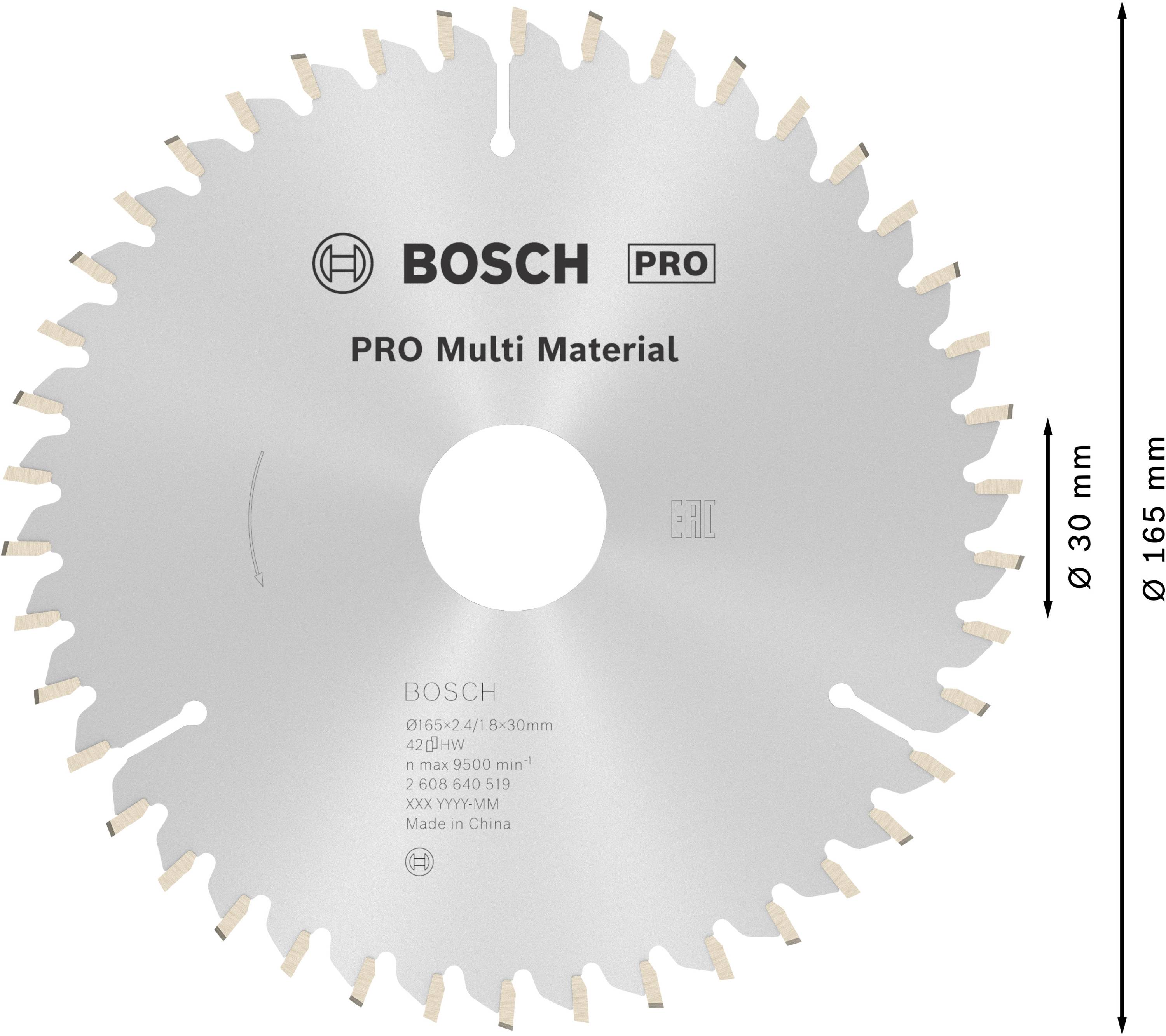 Lame de scie circulaire Bosch Pro, adaptée à différents matériaux. Diamètre 165 mm, alésage 30 mm, Fabriqué en Chine.