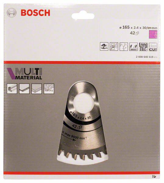 'Lame de scie Bosch pour multi-matériaux, 165 x 2,4 x 30 mm, adaptée au bois, à l'époxy et au métal, vitesse de rotation maximale de 9500 tr/min.'