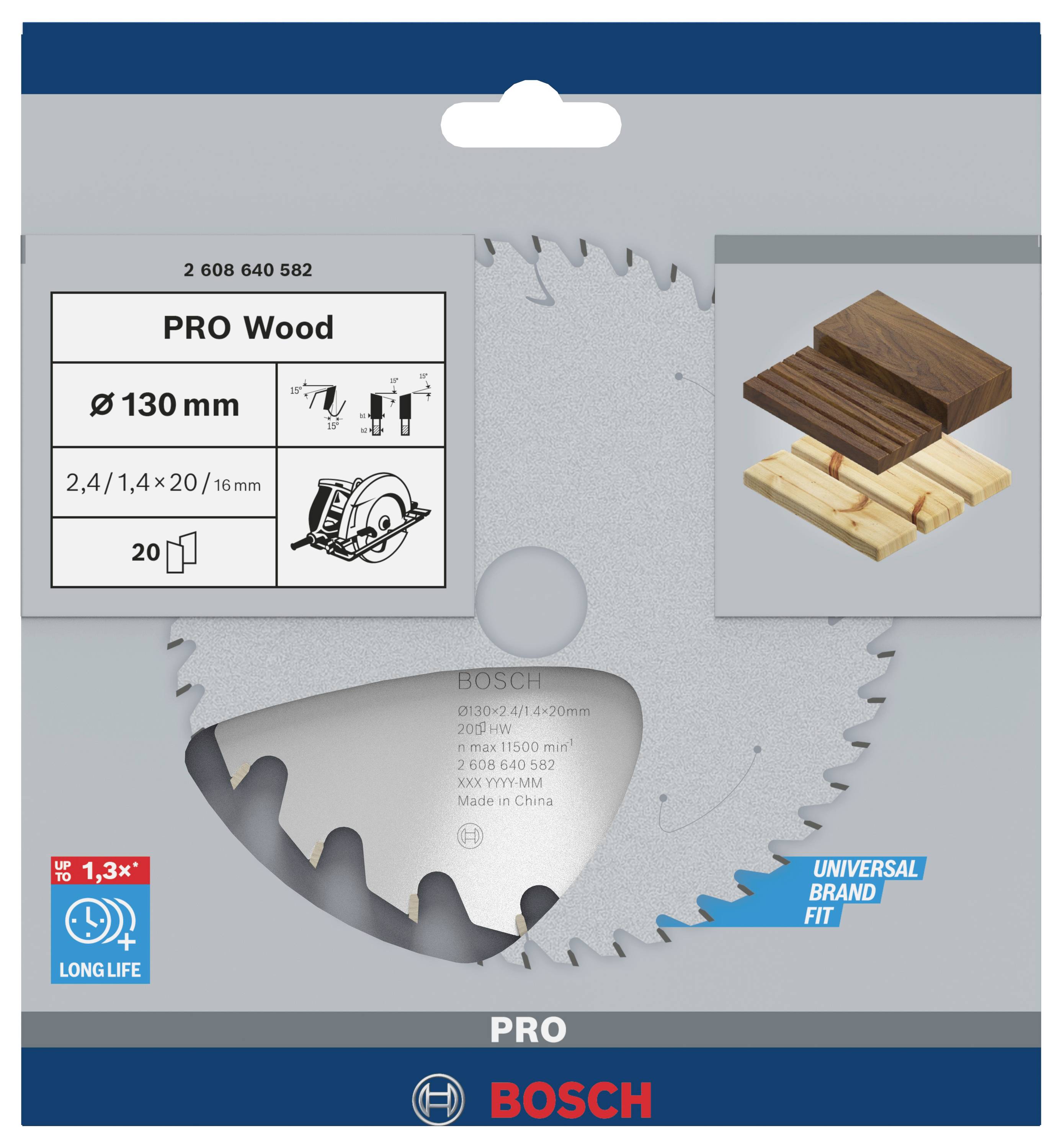 Emballage d'une scie circulaire Bosch avec une lame de scie 'PRO Wood', diamètre 130 mm, pour le travail du bois, à côté d'échantillons de bois.