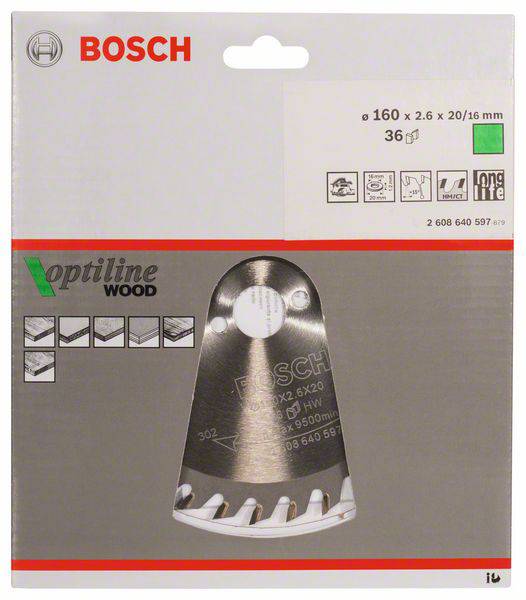 Emballage d'une lame de scie Bosch Optiline Wood, diamètre 160 mm, 36 dents, adaptée aux travaux sur bois.