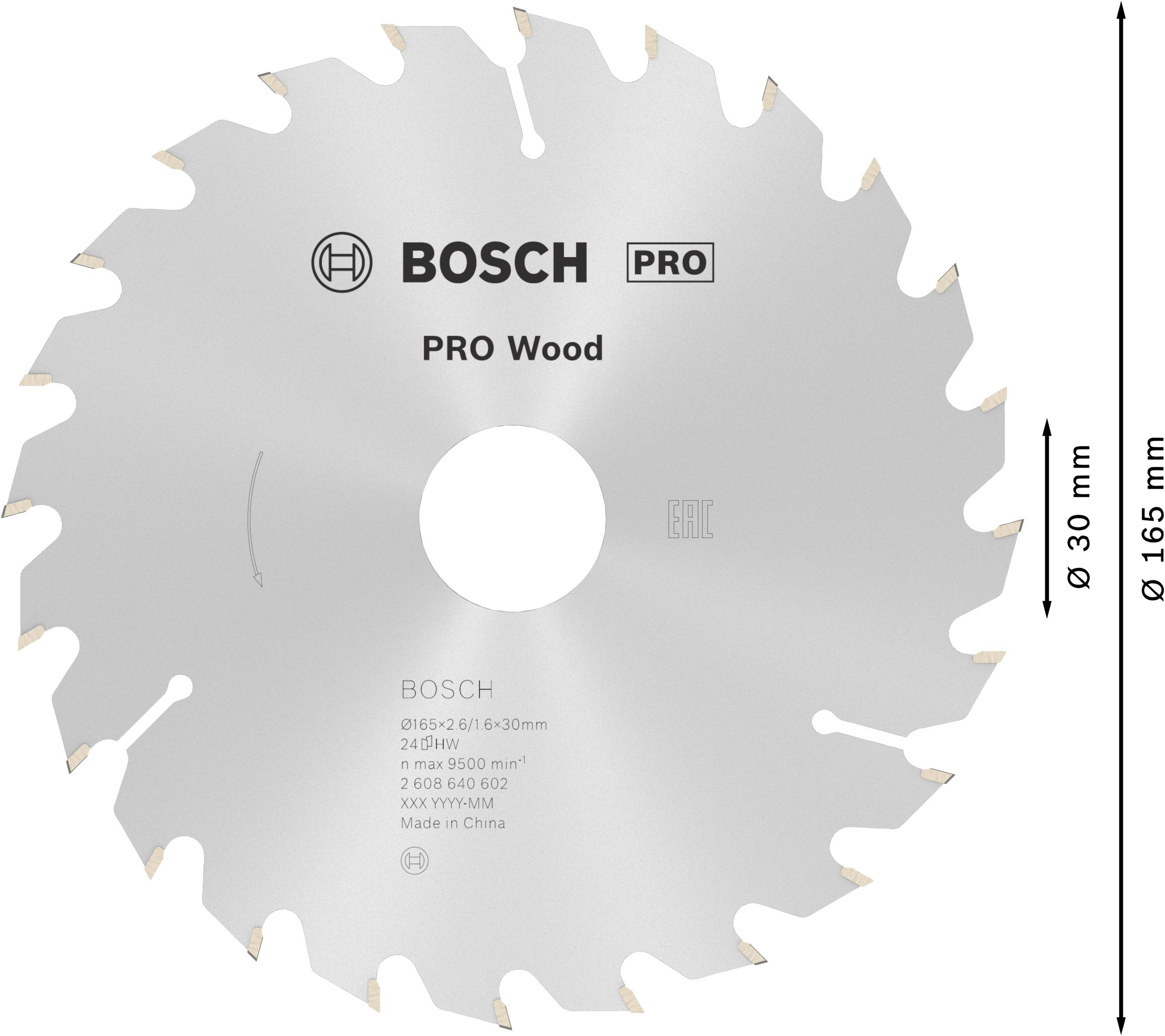 Lame de scie avec 24 dents, 'PRO Wood' de Bosch. Diamètre 165 mm, diamètre d'alésage 30 mm. Inscription : max. 8500 tr/min.