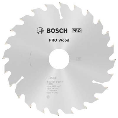 Une lame de scie circulaire Bosch PRO pour le bois avec des dents tranchantes, dimensions 216x2,5x30 mm, destinée à l'usinage du bois. Vitesse maximale 9500 tr/min, 24 dents, fabriquée en Chine.