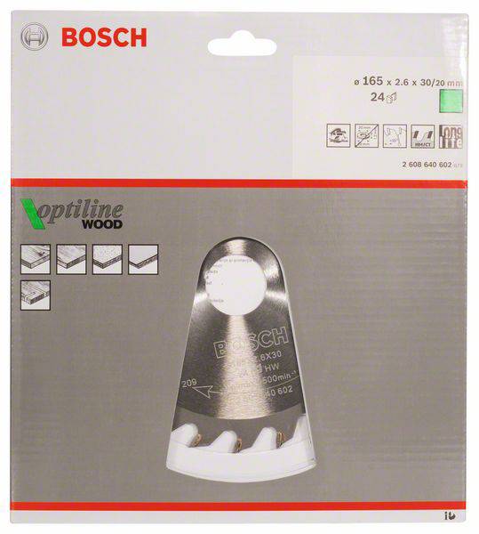 Emballage d'une lame de scie Bosch pour bois avec indications : Diamètre 165 mm, 24 dents. Optiline Wood, symbole pour applications bois.