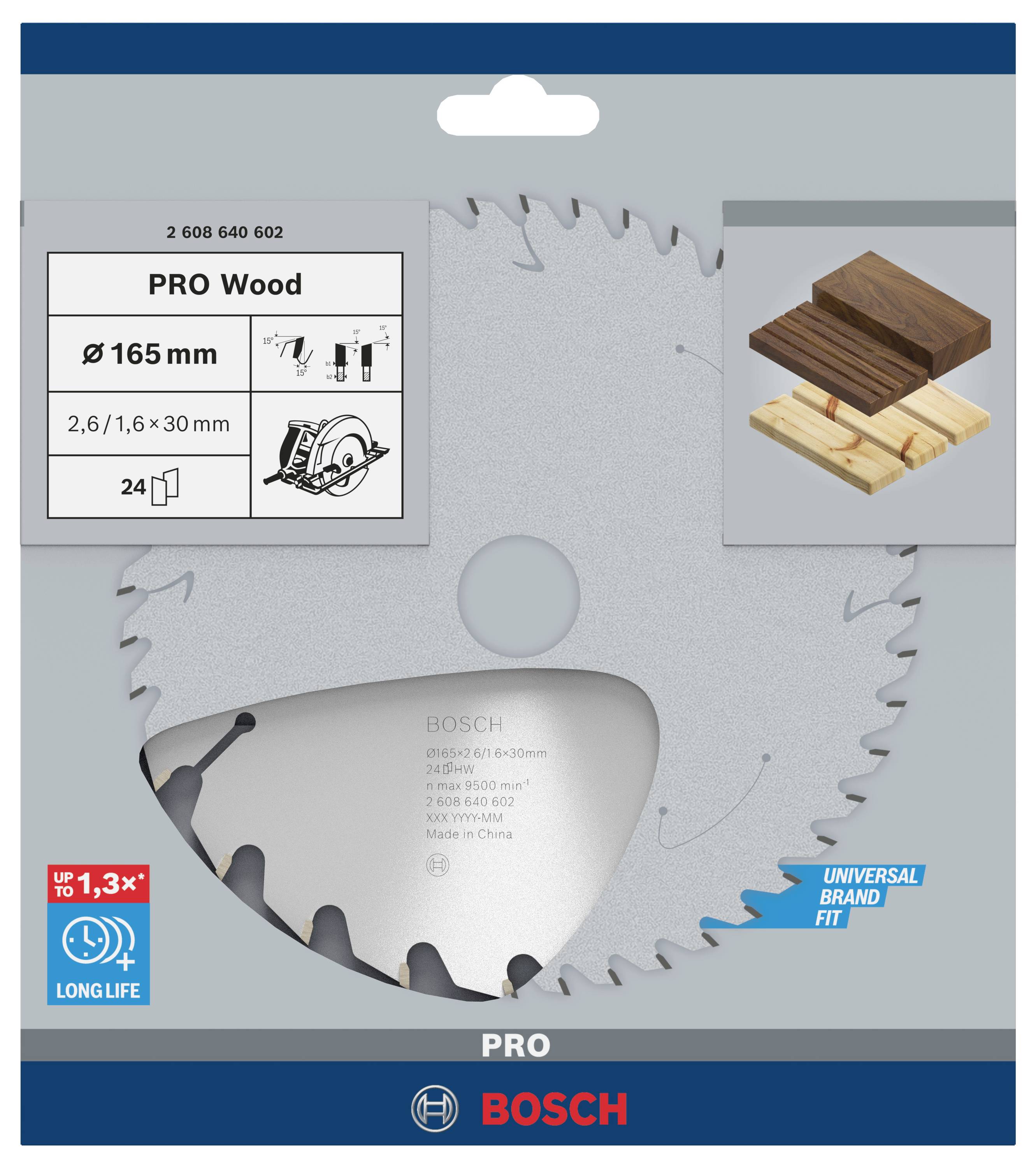 Lame de scie circulaire Bosch PRO Bois Ø165 mm pour bois, 24 dents, longue durée de vie, compatible universellement, montre la découpe de planches de bois.