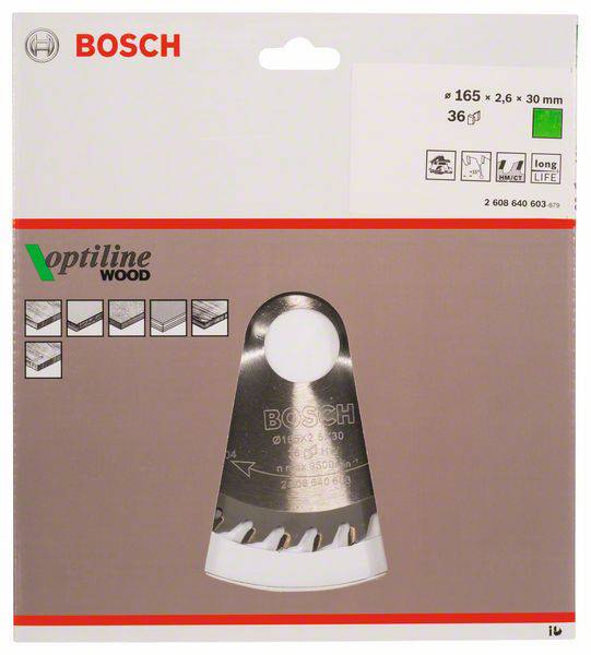 Lame de scie 'Bosch Optiline Wood', diamètre 165 mm, pour le bois. L'emballage présente la lame de scie avec des détails sur sa taille et son utilisation.