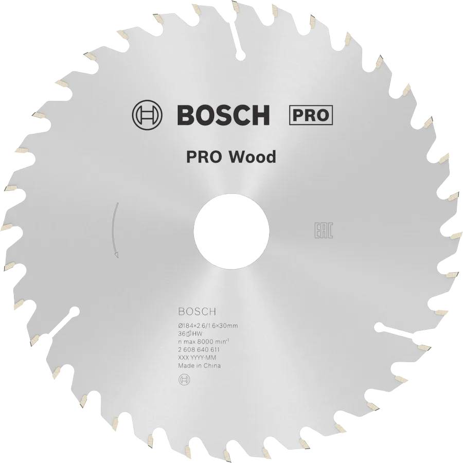 Lame de scie étiquetée 'BOSCH PRO Wood' avec spécifications comprenant le diamètre, le nombre de dents et la compatibilité des machines.
