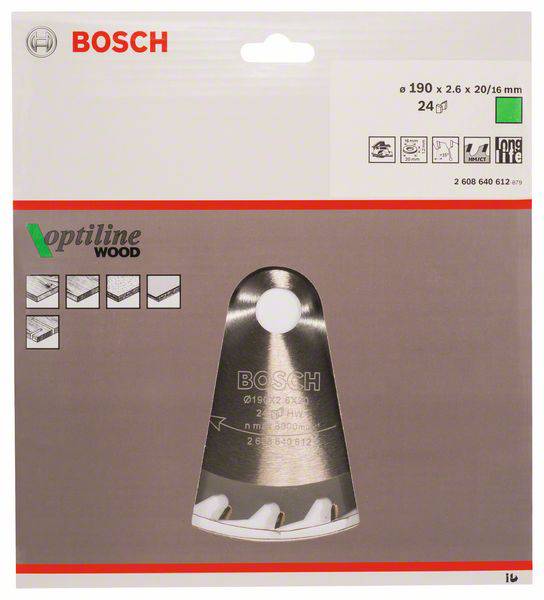 Emballage d'une lame de scie Bosch pour bois, 190 x 2,6 x 20/16 mm, 24 dents. Contient une illustration du produit et le logo.