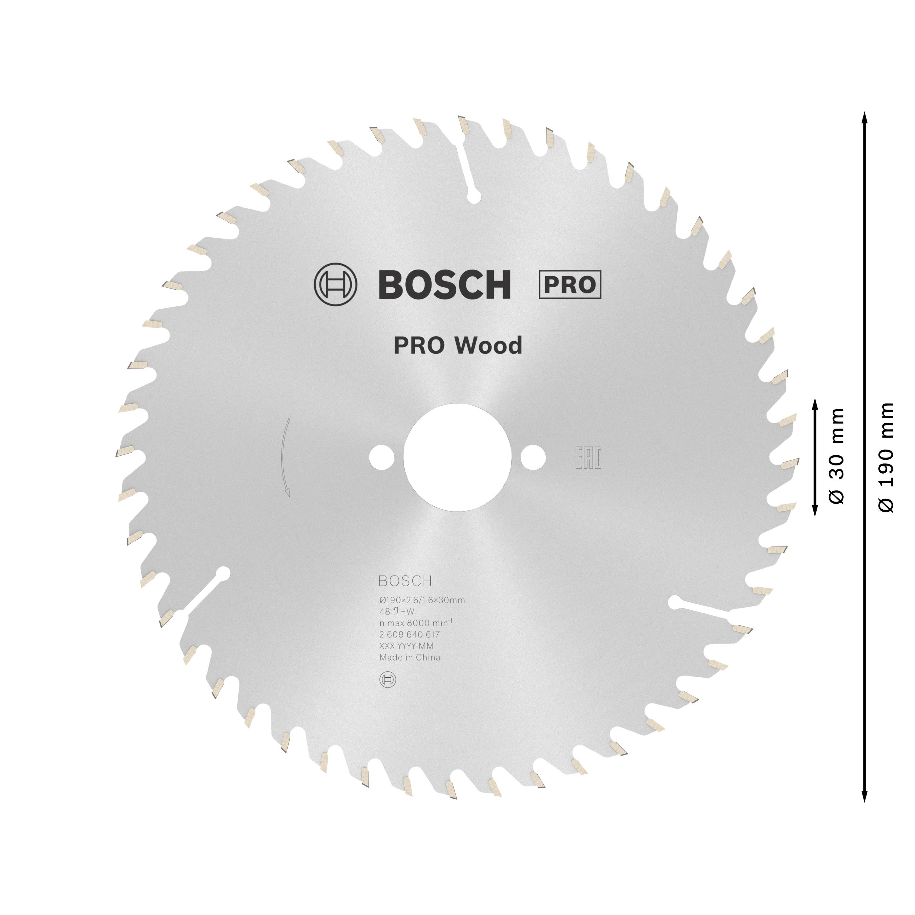 Lame de scie circulaire avec l'inscription 'BOSCH PRO Wood', diamètre 190 mm, nombreuses dents, adaptée pour le travail du bois.