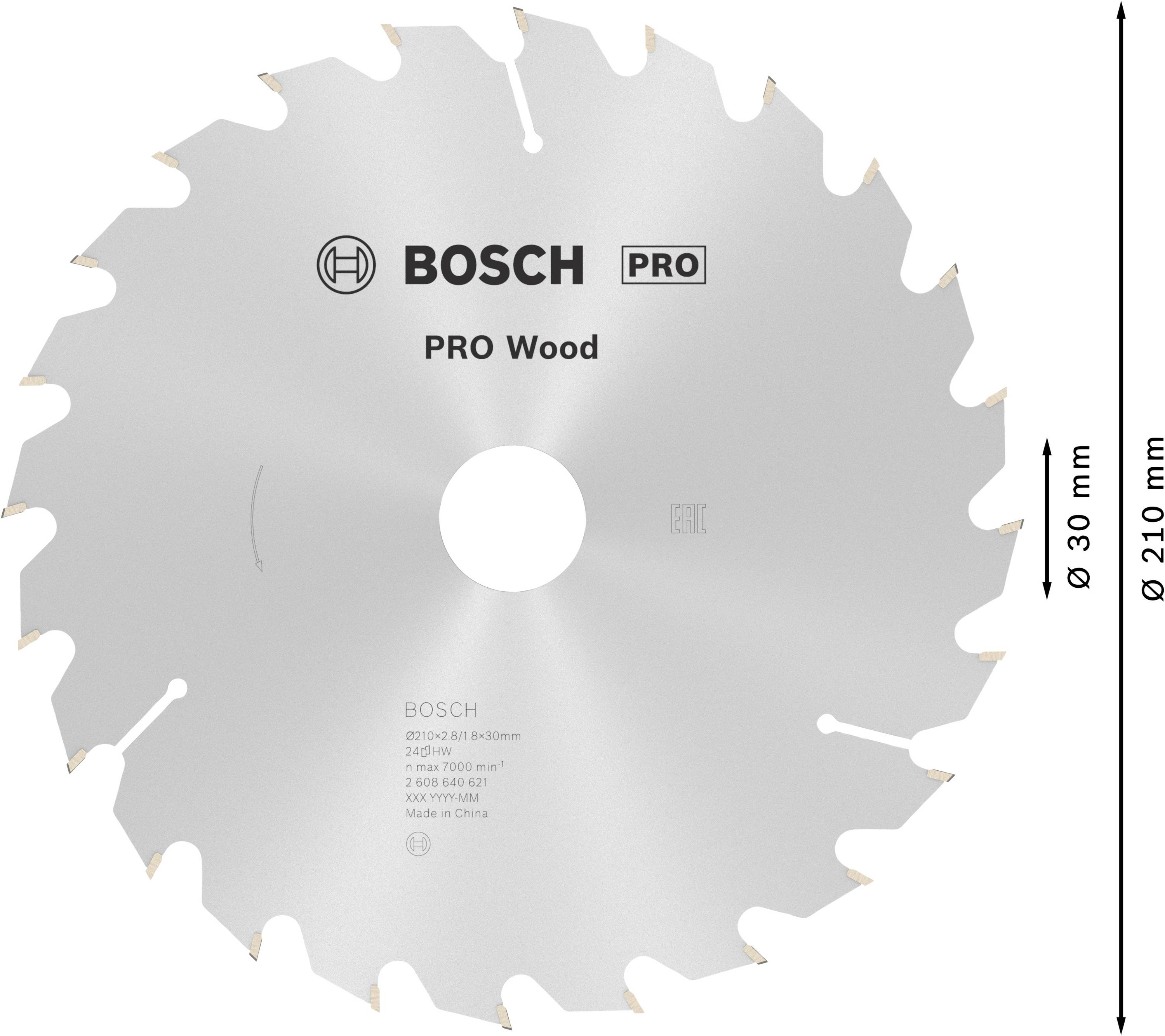 Lame de scie circulaire Bosch, modèle 'PRO Wood', diamètre 210 mm, adaptée pour les travaux sur bois.