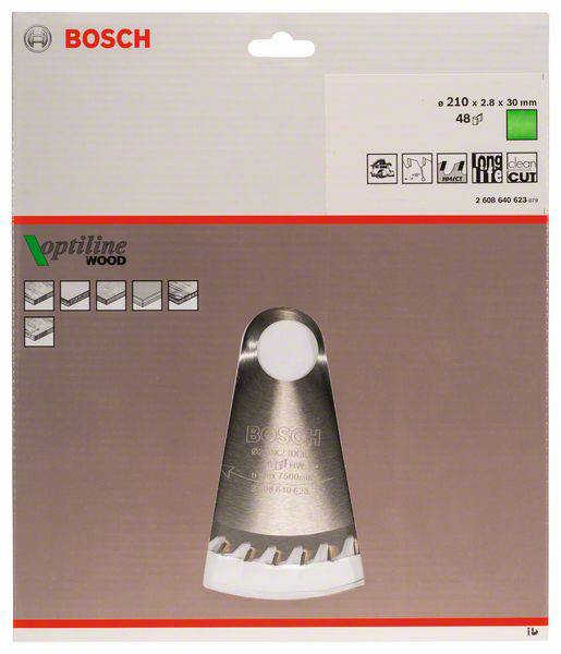 Un emballage d'une lame de scie Bosch pour bois, marquée 'Optiline Wood', 210 x 2,8 x 30 mm, 48 dents, adaptée pour des coupes durables et précises.