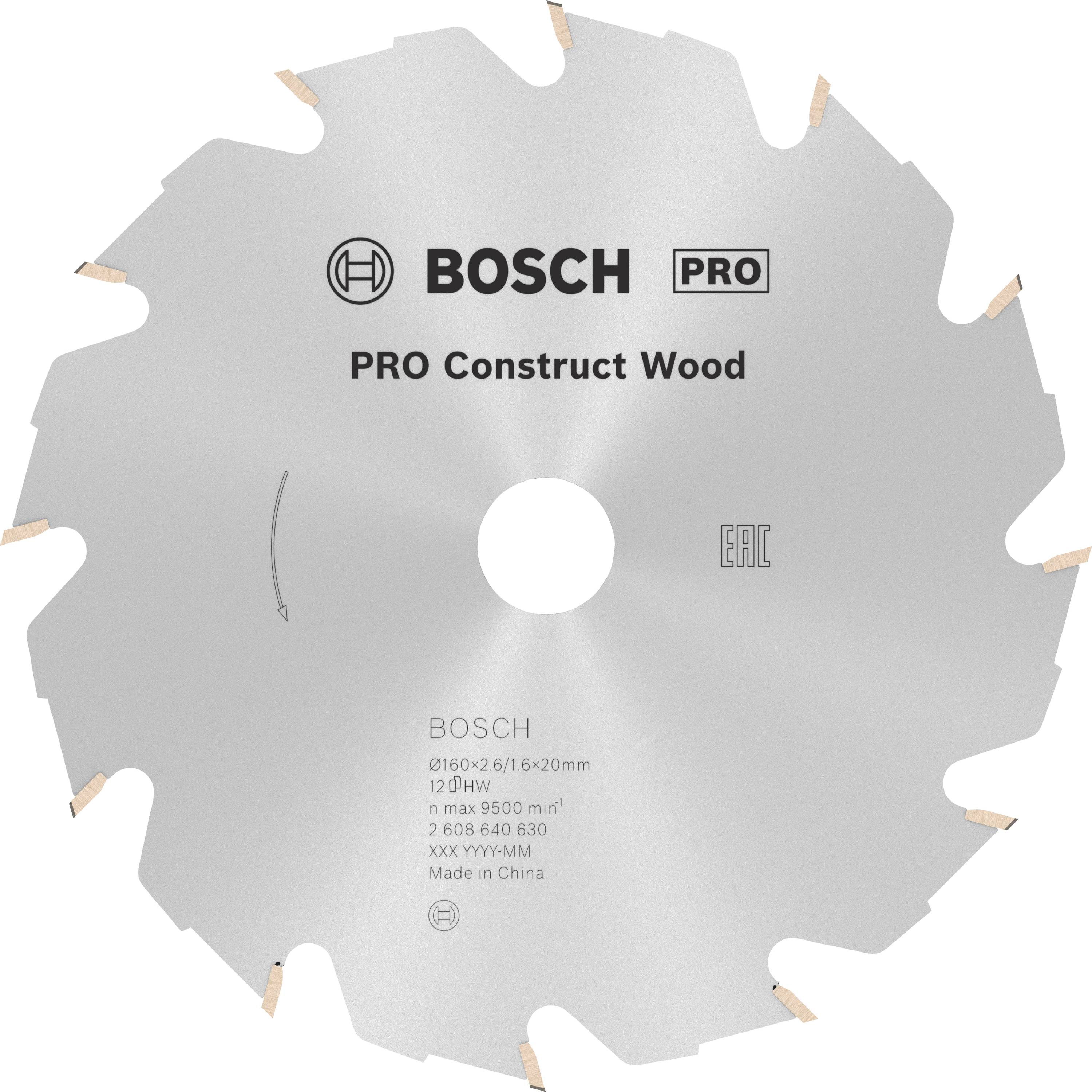 Lame de scie Bosch Pro Construct Wood avec détails : Diamètre 160x2,6x16mm, 12 dents, max. 9500 tr/min, numéro d'article 2 608 640 630.