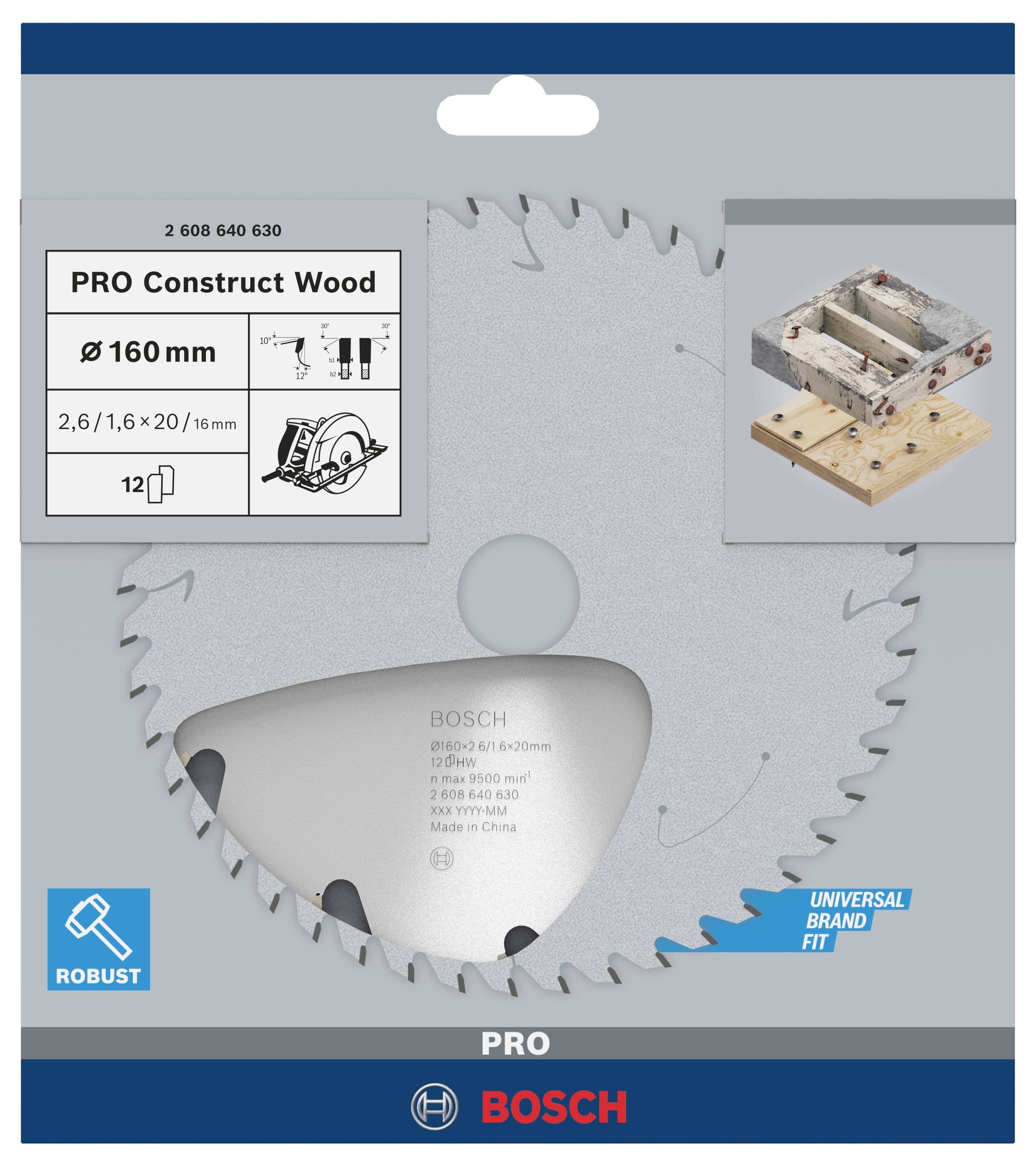 'Lame de scie circulaire Bosch PRO Construct Wood' est présentée. Détails : Diamètre 160 mm, 12 dents, conception robuste pour les travaux sur bois.